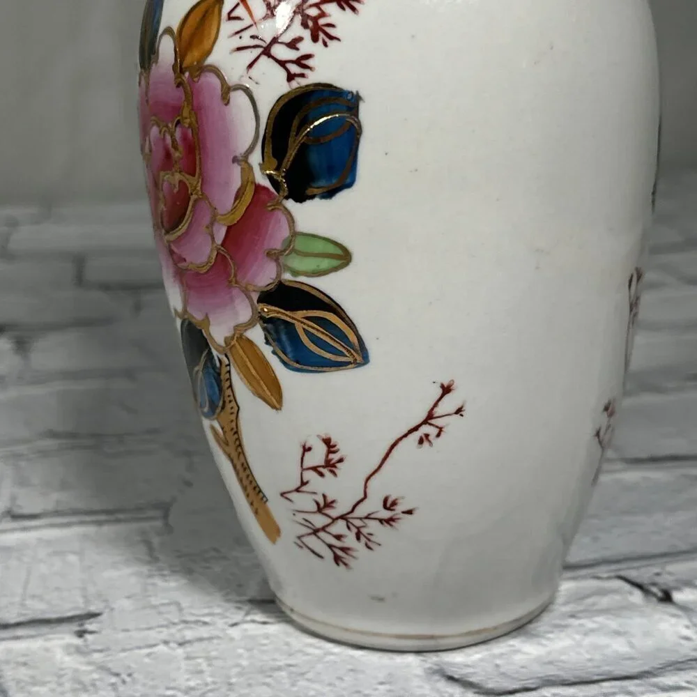 Vintage Floral Bird Hand Painted Chinese Porcelain Vase 8”